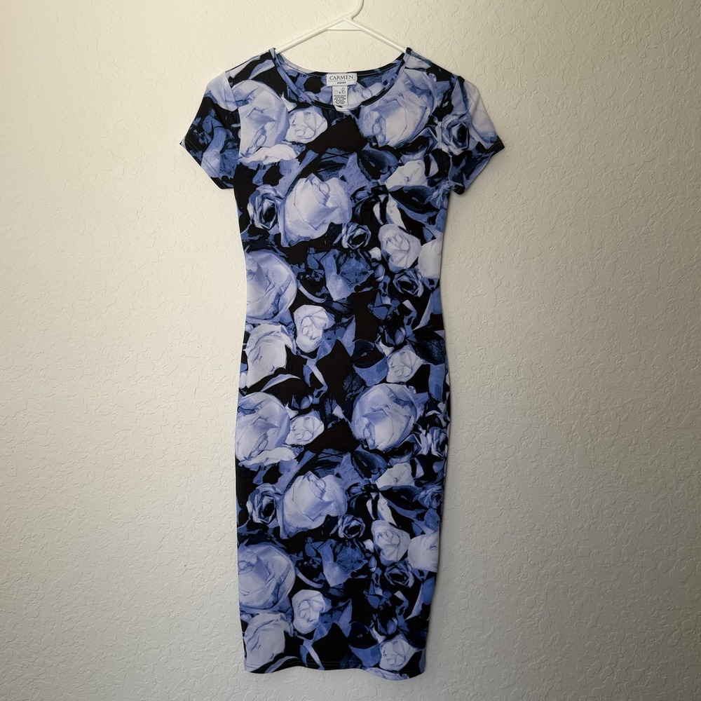 Carmen Marc Valvo Blue Floral Sheath Dress Size Small Roses Knit Stretchy Y2K